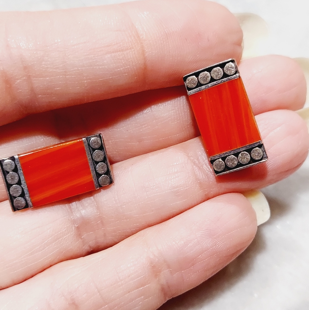 3/$50 Vintage sterling Silver coral jasper dots design clip earring modernist